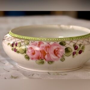 Antique Nippon Hand-Painted Porcelain Floral Trinket Tray w Gold Trim
